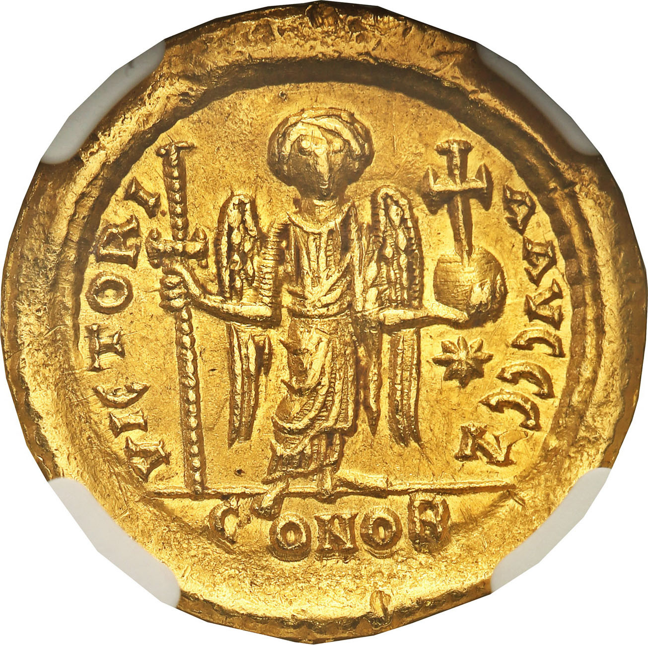 Bizancjum. Justin I (518-527). Solidus 518-522, Konstantynopol NGC AU 5/5 3/5